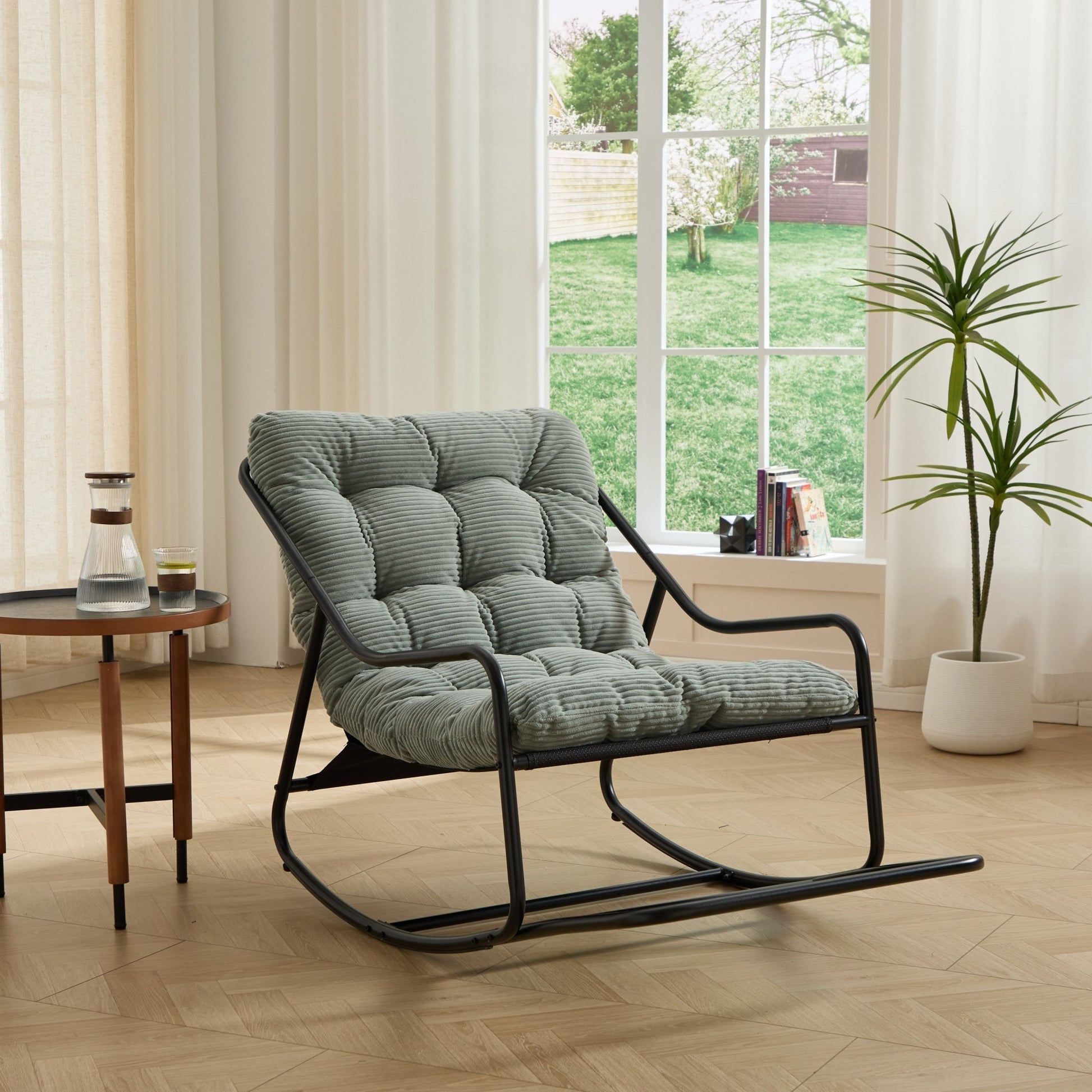 Outdoor Rocking Chair, Comfy Cushion, with Soft Thick Cushion,for Living Room, Bedroom, Reading Room, Black Frame with Light green Cushion - 1st Choice Furniture Direct