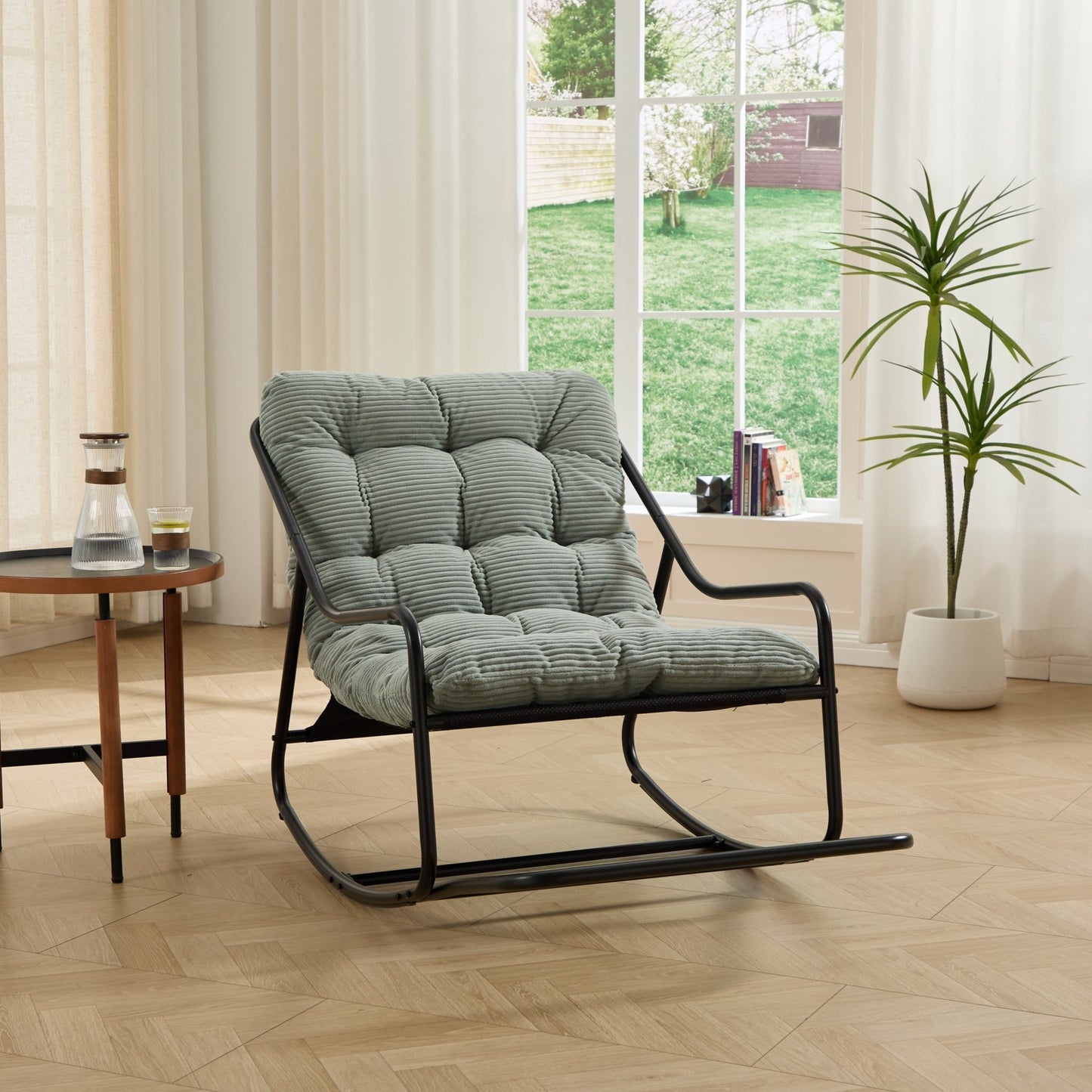 Outdoor Rocking Chair, Comfy Cushion, with Soft Thick Cushion,for Living Room, Bedroom, Reading Room, Black Frame with Light green Cushion - 1st Choice Furniture Direct