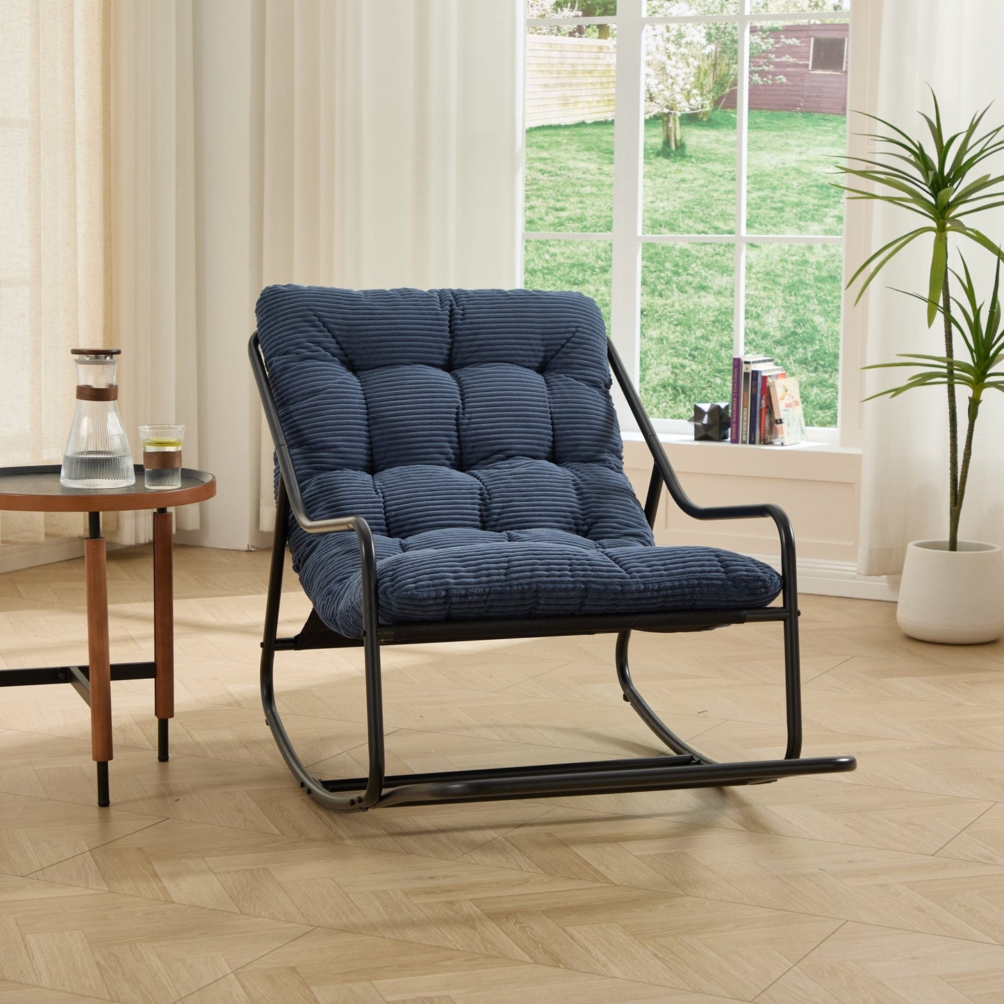 Outdoor Rocking Chair, Comfy Cushion, with Soft Thick Cushion,for Living Room, Bedroom, Reading Room, Black Frame with Navy blue Cushion - 1st Choice Furniture Direct