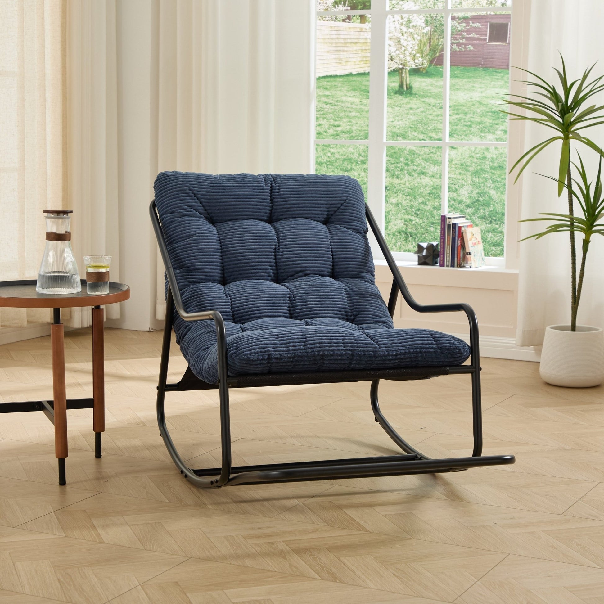 Outdoor Rocking Chair, Comfy Cushion, with Soft Thick Cushion,for Living Room, Bedroom, Reading Room, Black Frame with Navy blue Cushion - 1st Choice Furniture Direct