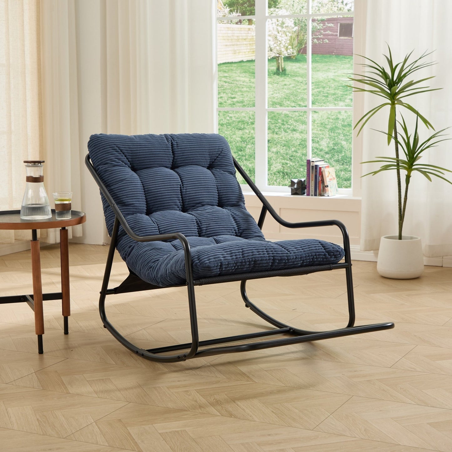 Outdoor Rocking Chair, Comfy Cushion, with Soft Thick Cushion,for Living Room, Bedroom, Reading Room, Black Frame with Navy blue Cushion - 1st Choice Furniture Direct