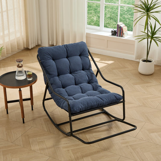 Outdoor Rocking Chair, Comfy Cushion, with Soft Thick Cushion,for Living Room, Bedroom, Reading Room, Black Frame with Navy blue Cushion - 1st Choice Furniture Direct