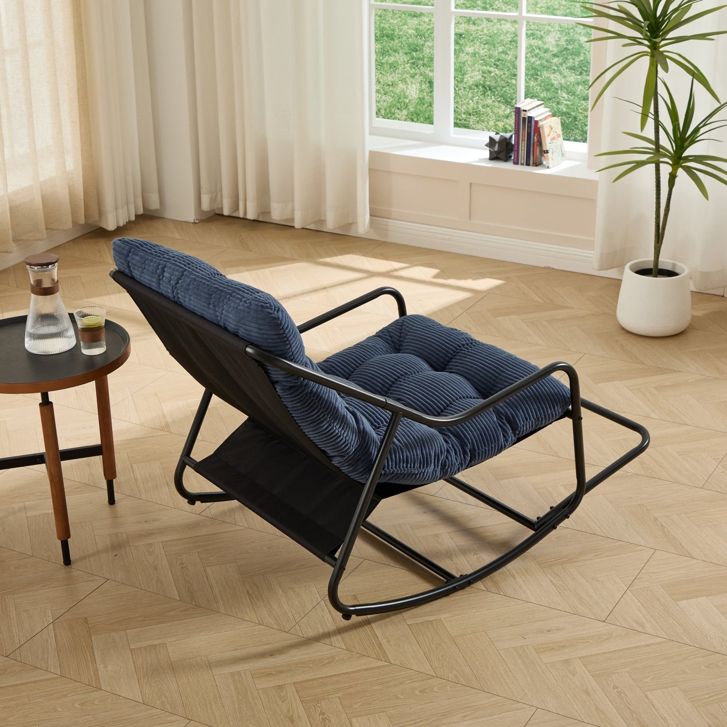 Outdoor Rocking Chair, Comfy Cushion, with Soft Thick Cushion,for Living Room, Bedroom, Reading Room, Black Frame with Navy blue Cushion - 1st Choice Furniture Direct