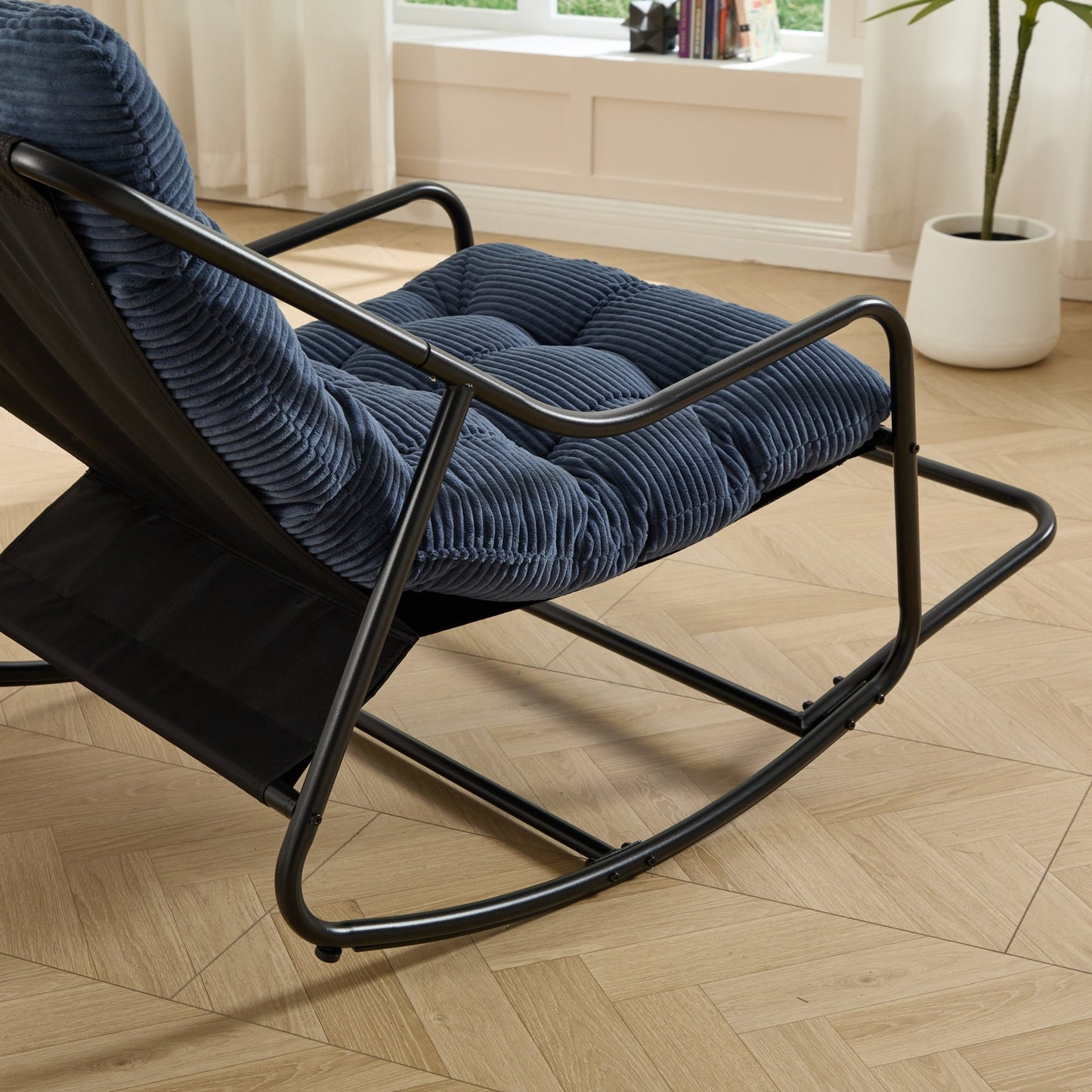 Outdoor Rocking Chair, Comfy Cushion, with Soft Thick Cushion,for Living Room, Bedroom, Reading Room, Black Frame with Navy blue Cushion - 1st Choice Furniture Direct