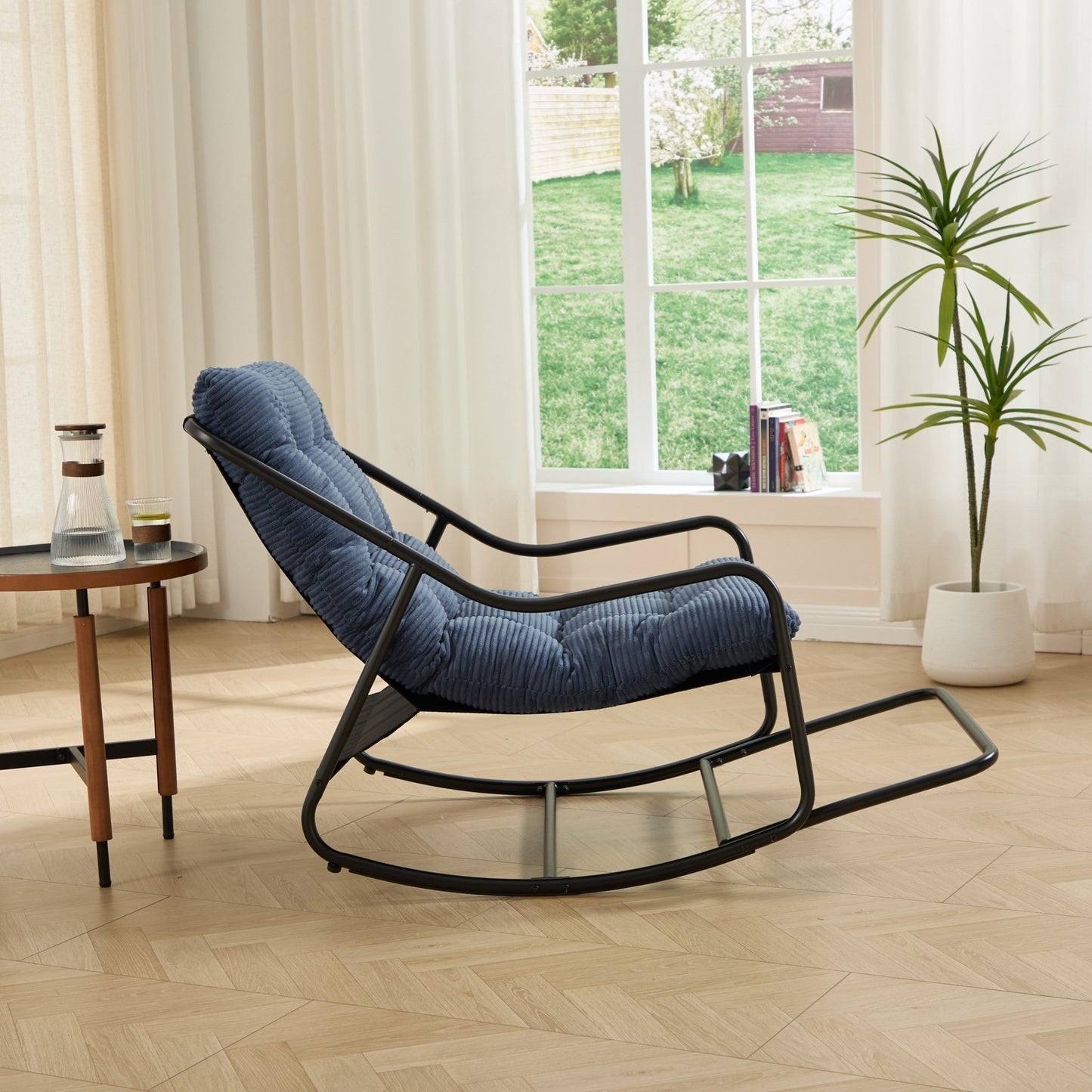 Outdoor Rocking Chair, Comfy Cushion, with Soft Thick Cushion,for Living Room, Bedroom, Reading Room, Black Frame with Navy blue Cushion - 1st Choice Furniture Direct