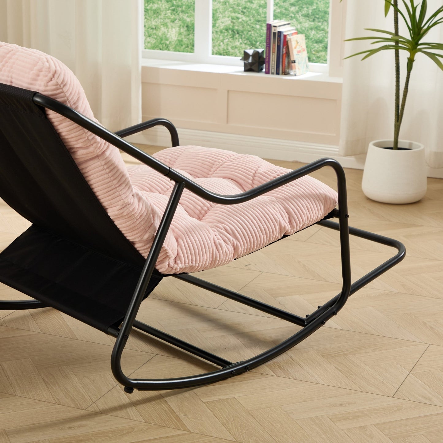 Outdoor Rocking Chair, Comfy Cushion, with Soft Thick Cushion,for Living Room, Bedroom, Reading Room, Black Frame with Pink Cushion - 1st Choice Furniture Direct