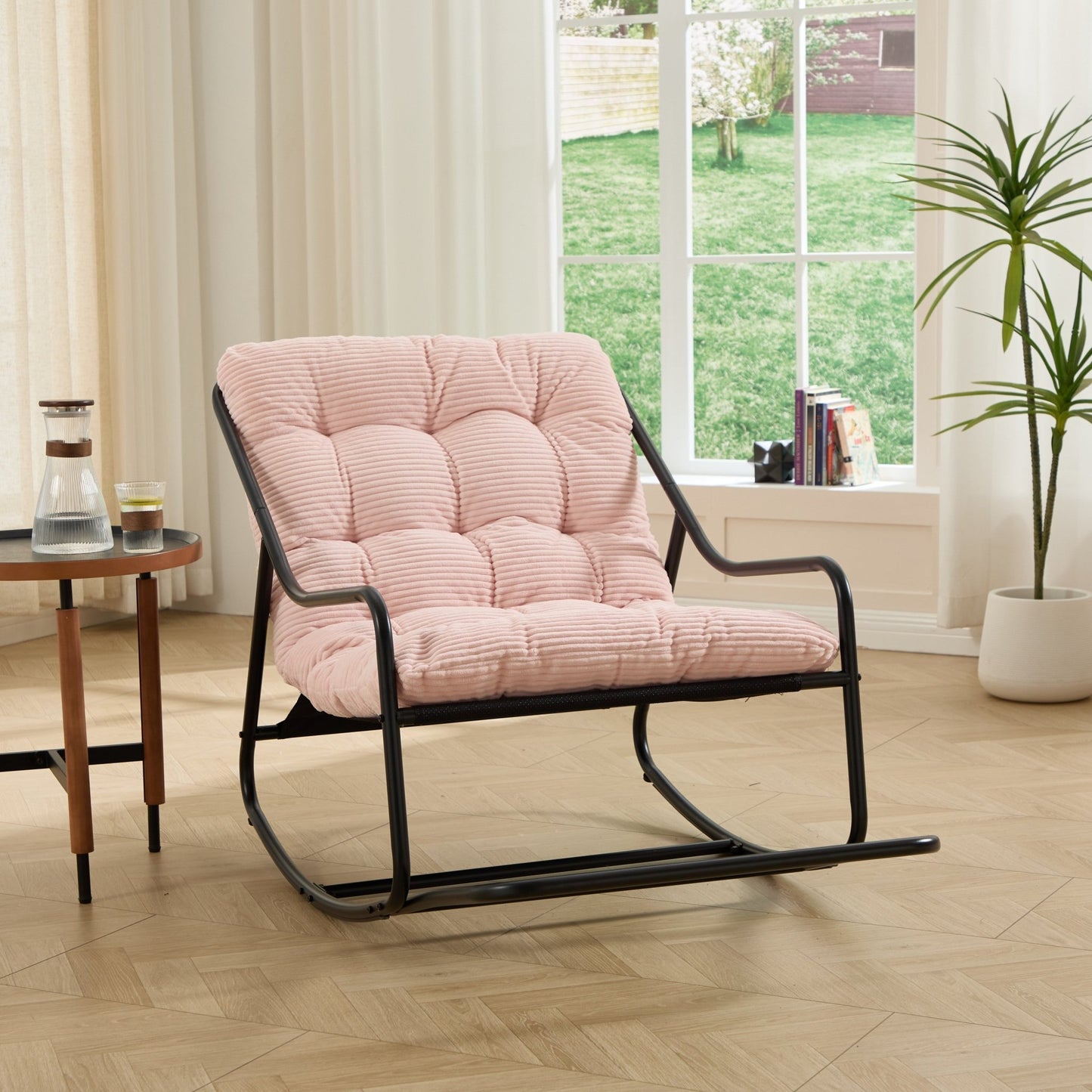 Outdoor Rocking Chair, Comfy Cushion, with Soft Thick Cushion,for Living Room, Bedroom, Reading Room, Black Frame with Pink Cushion - 1st Choice Furniture Direct