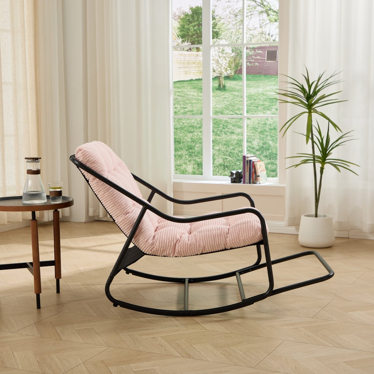 Outdoor Rocking Chair, Comfy Cushion, with Soft Thick Cushion,for Living Room, Bedroom, Reading Room, Black Frame with Pink Cushion - 1st Choice Furniture Direct