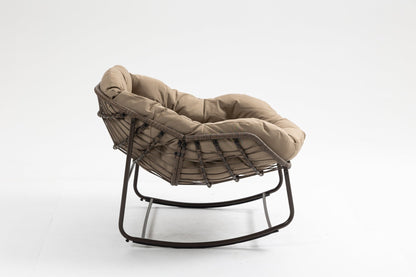 Outdoor Rocking Chair, Patio Oversized Wicker Egg Rocking Chair, Indoor & Outdoor Comfy Rocker Chair with Thick Cushion, Modern Lounge Chair for Balcony, Front Porch, Garden, Backyard, khaki - 1st Choice Furniture Direct