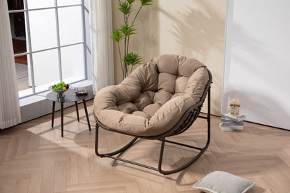 Outdoor Rocking Chair, Patio Oversized Wicker Egg Rocking Chair, Indoor & Outdoor Comfy Rocker Chair with Thick Cushion, Modern Lounge Chair for Balcony, Front Porch, Garden, Backyard, khaki - 1st Choice Furniture Direct