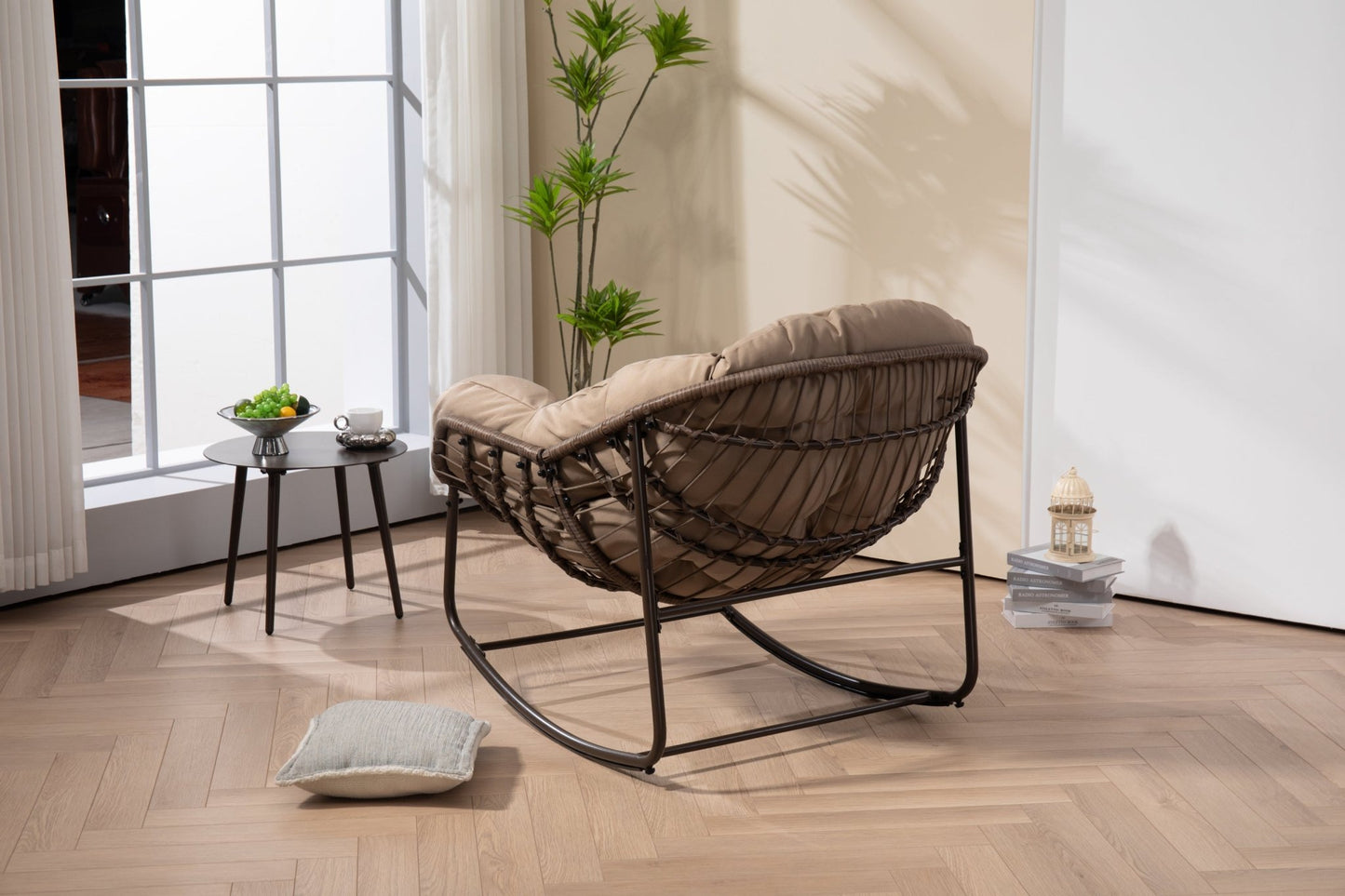 Outdoor Rocking Chair, Patio Oversized Wicker Egg Rocking Chair, Indoor & Outdoor Comfy Rocker Chair with Thick Cushion, Modern Lounge Chair for Balcony, Front Porch, Garden, Backyard, khaki - 1st Choice Furniture Direct