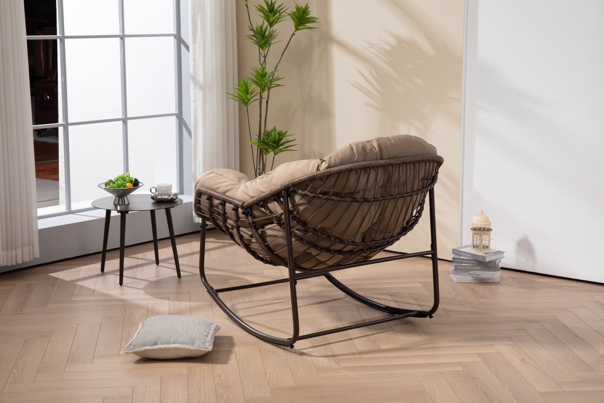 Outdoor Rocking Chair, Patio Oversized Wicker Egg Rocking Chair, Indoor & Outdoor Comfy Rocker Chair with Thick Cushion, Modern Lounge Chair for Balcony, Front Porch, Garden, Backyard, khaki - 1st Choice Furniture Direct