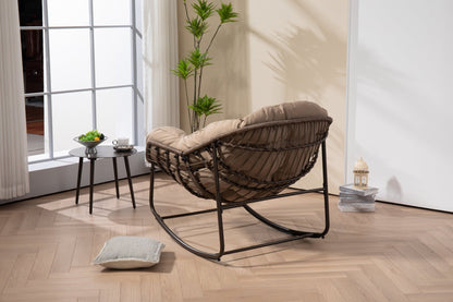 Outdoor Rocking Chair, Patio Oversized Wicker Egg Rocking Chair, Indoor & Outdoor Comfy Rocker Chair with Thick Cushion, Modern Lounge Chair for Balcony, Front Porch, Garden, Backyard, khaki - 1st Choice Furniture Direct