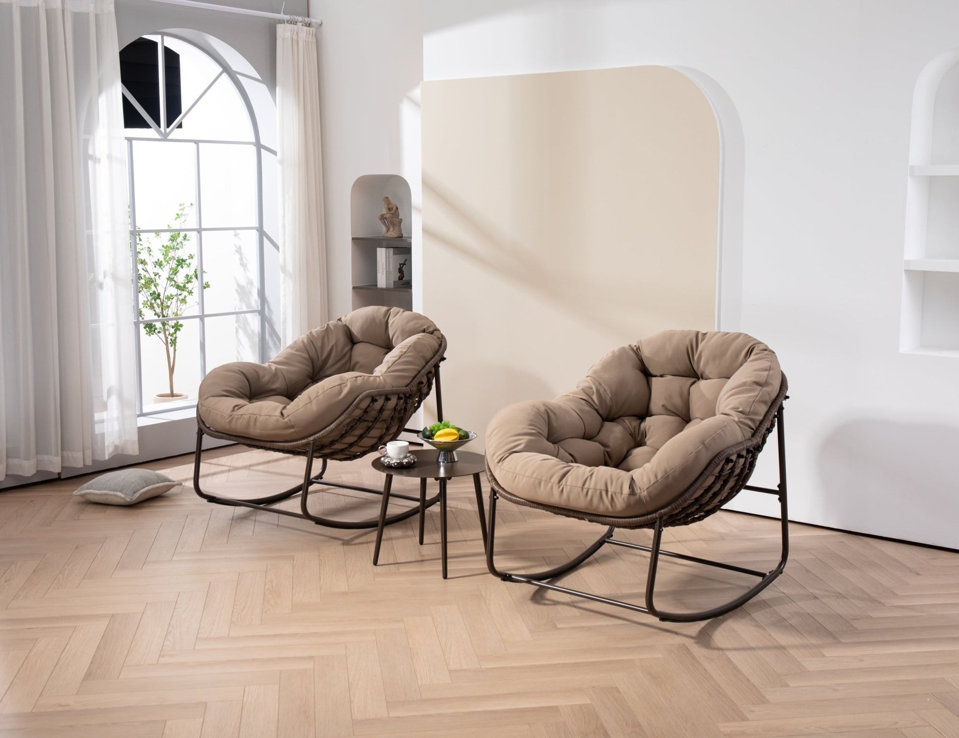 Outdoor Rocking Chair, Patio Oversized Wicker Egg Rocking Chair, Indoor & Outdoor Comfy Rocker Chair with Thick Cushion, Modern Lounge Chair for Balcony, Front Porch, Garden, Backyard, khaki - 1st Choice Furniture Direct