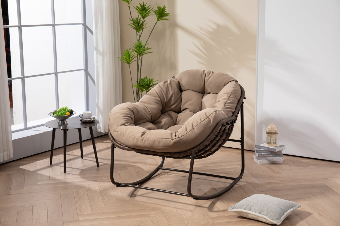 Outdoor Rocking Chair, Patio Oversized Wicker Egg Rocking Chair, Indoor & Outdoor Comfy Rocker Chair with Thick Cushion, Modern Lounge Chair for Balcony, Front Porch, Garden, Backyard, khaki - 1st Choice Furniture Direct