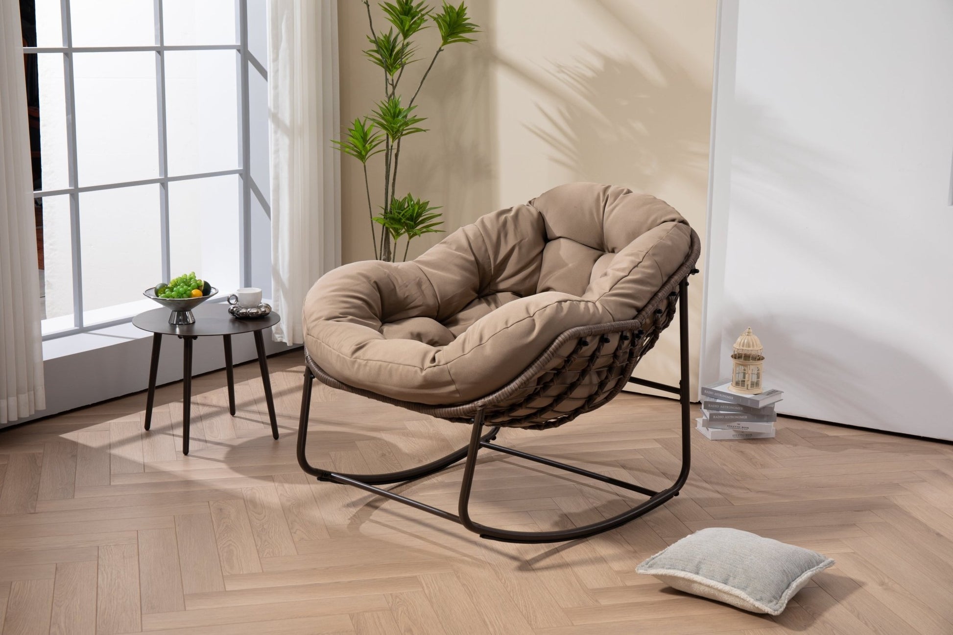 Outdoor Rocking Chair, Patio Oversized Wicker Egg Rocking Chair, Indoor & Outdoor Comfy Rocker Chair with Thick Cushion, Modern Lounge Chair for Balcony, Front Porch, Garden, Backyard, khaki - 1st Choice Furniture Direct