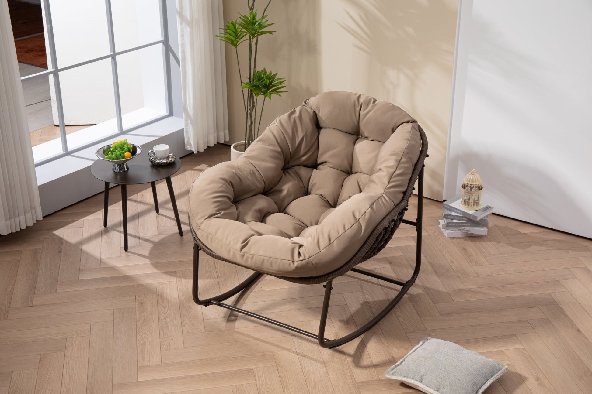 Outdoor Rocking Chair, Patio Oversized Wicker Egg Rocking Chair, Indoor & Outdoor Comfy Rocker Chair with Thick Cushion, Modern Lounge Chair for Balcony, Front Porch, Garden, Backyard, khaki - 1st Choice Furniture Direct