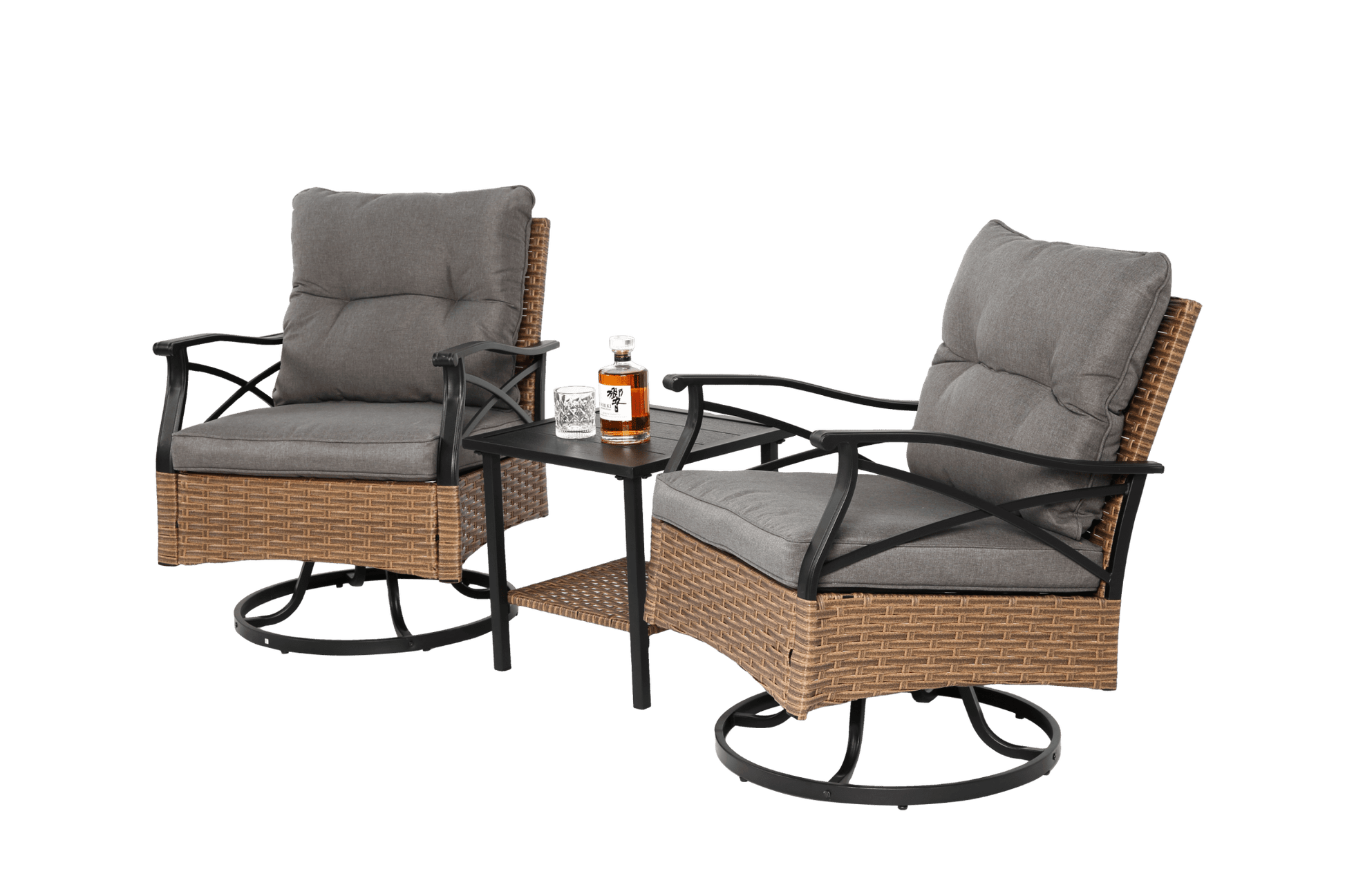 Outdoor Swivel Rocker Chairs Set 3 Piece with 1 Table and 2 Rocking & Swivel Chairs Support 350lbs Brown Wicker Outdoor Furniture Patio Conversation Set - 1st Choice Furniture Direct