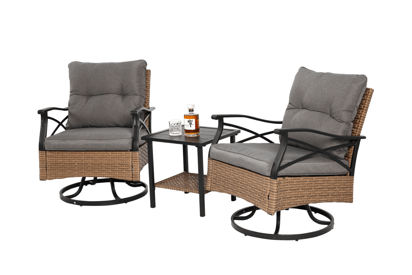 Outdoor Swivel Rocker Chairs Set 3 Piece with 1 Table and 2 Rocking & Swivel Chairs Support 350lbs Brown Wicker Outdoor Furniture Patio Conversation Set - 1st Choice Furniture Direct