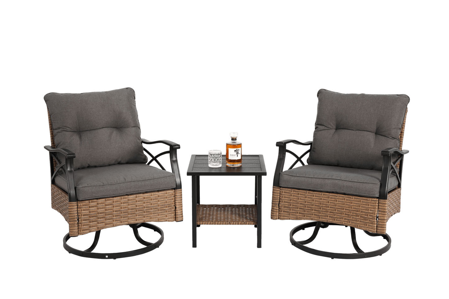 Outdoor Swivel Rocker Chairs Set 3 Piece with 1 Table and 2 Rocking & Swivel Chairs Support 350lbs Brown Wicker Outdoor Furniture Patio Conversation Set - 1st Choice Furniture Direct