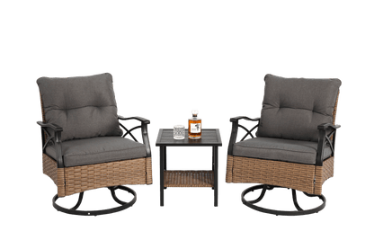 Outdoor Swivel Rocker Chairs Set 3 Piece with 1 Table and 2 Rocking & Swivel Chairs Support 350lbs Brown Wicker Outdoor Furniture Patio Conversation Set - 1st Choice Furniture Direct