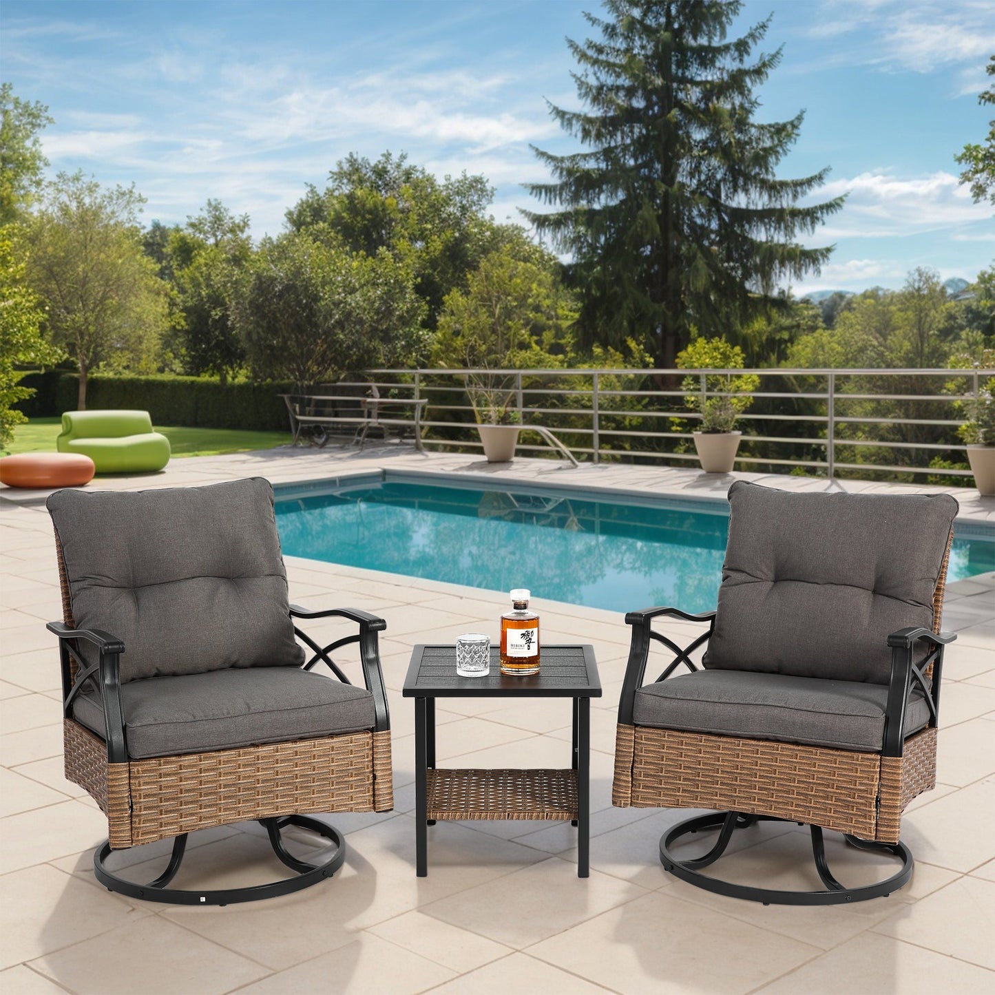 Outdoor Swivel Rocker Chairs Set 3 Piece with 1 Table and 2 Rocking & Swivel Chairs Support 350lbs Brown Wicker Outdoor Furniture Patio Conversation Set - 1st Choice Furniture Direct