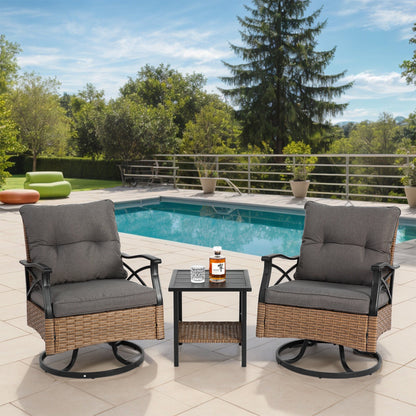 Outdoor Swivel Rocker Chairs Set 3 Piece with 1 Table and 2 Rocking & Swivel Chairs Support 350lbs Brown Wicker Outdoor Furniture Patio Conversation Set - 1st Choice Furniture Direct