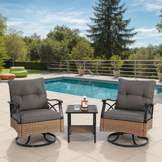 Outdoor Swivel Rocker Chairs Set 3 Piece with 1 Table and 2 Rocking & Swivel Chairs Support 350lbs Brown Wicker Outdoor Furniture Patio Conversation Set - 1st Choice Furniture Direct