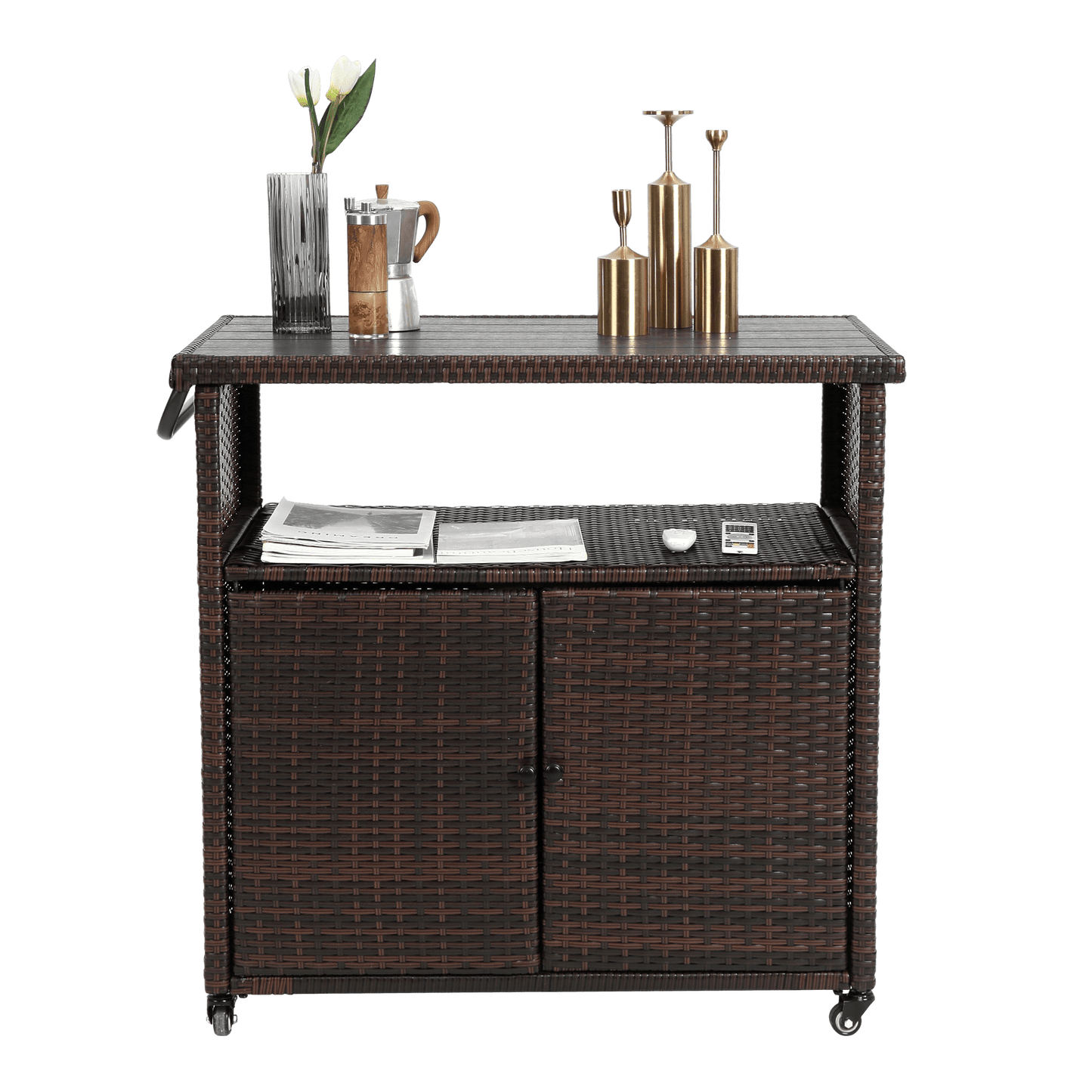 Outdoor Wicker Bar Cart, Patio Wine Serving Cart w/Wheels , Rolling Rattan Beverage Bar Counter Table plastic wood Top for Porch Backyard Garden Poolside Party, Light brown - 1st Choice Furniture Direct