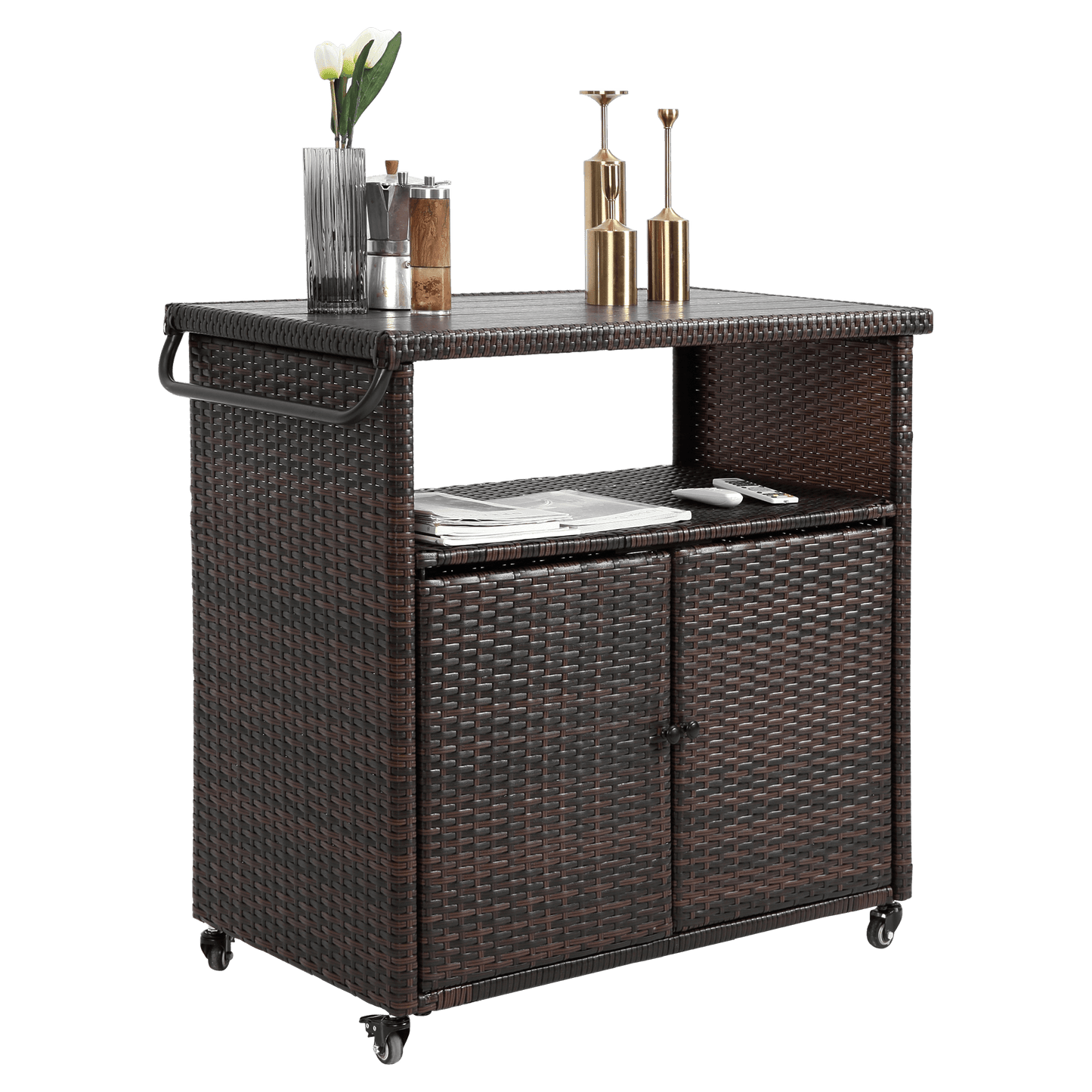 Outdoor Wicker Bar Cart, Patio Wine Serving Cart w/Wheels , Rolling Rattan Beverage Bar Counter Table plastic wood Top for Porch Backyard Garden Poolside Party, Light brown - 1st Choice Furniture Direct