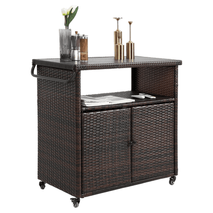 Outdoor Wicker Bar Cart, Patio Wine Serving Cart w/Wheels , Rolling Rattan Beverage Bar Counter Table plastic wood Top for Porch Backyard Garden Poolside Party, Light brown - 1st Choice Furniture Direct