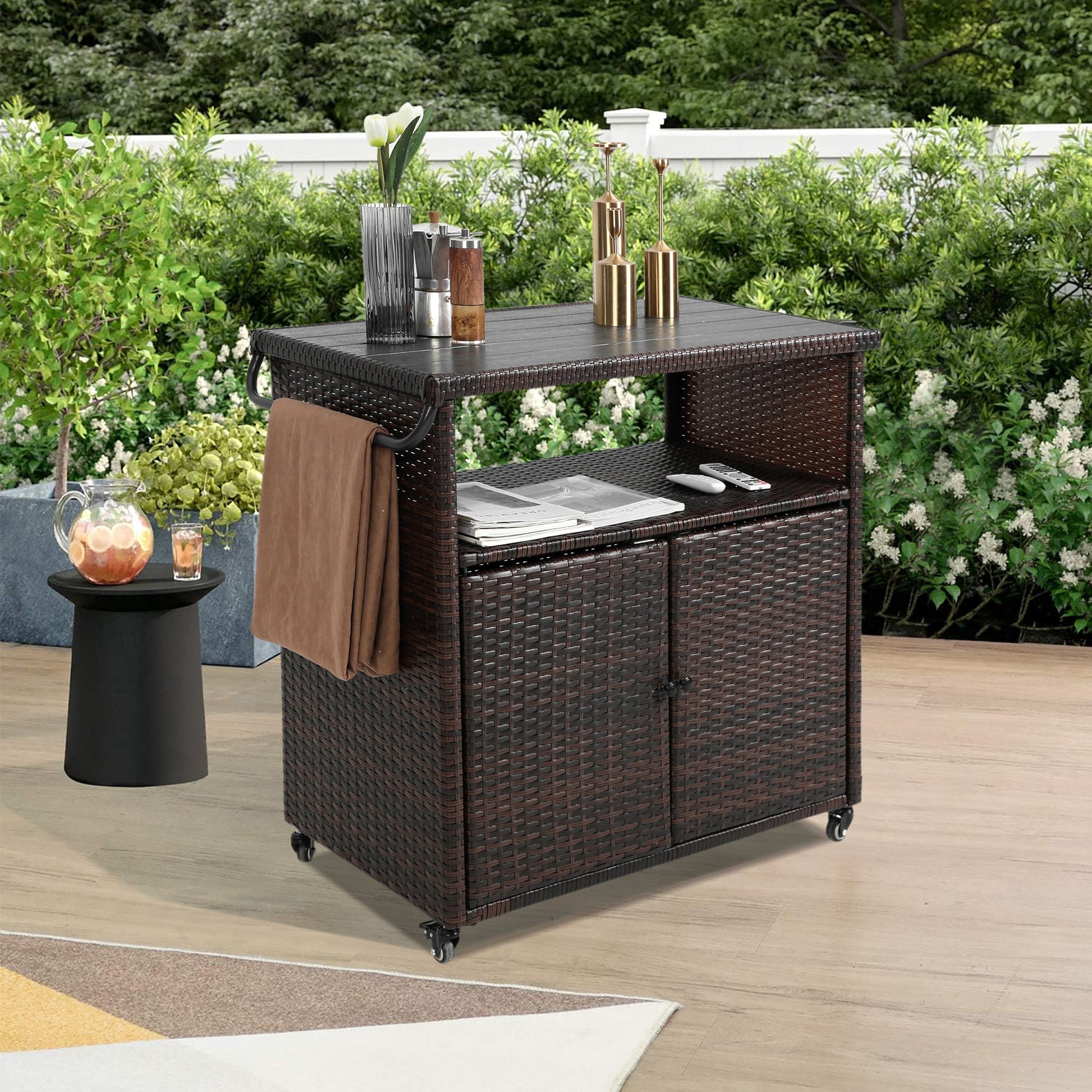 Outdoor Wicker Bar Cart, Patio Wine Serving Cart w/Wheels , Rolling Rattan Beverage Bar Counter Table plastic wood Top for Porch Backyard Garden Poolside Party, Light brown - 1st Choice Furniture Direct