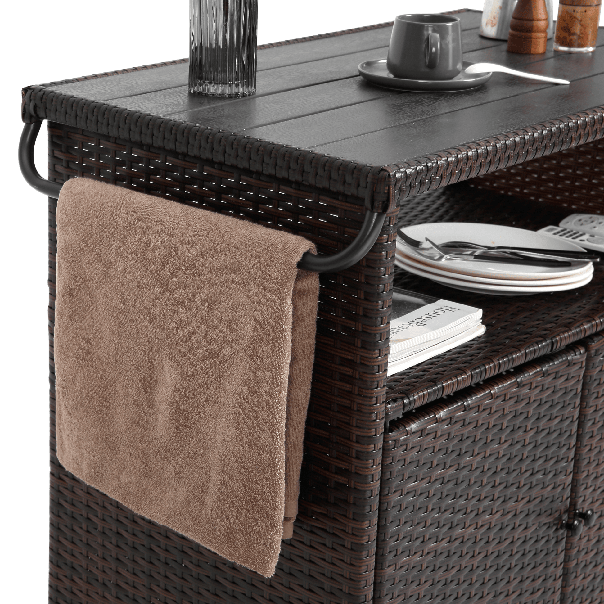 Outdoor Wicker Bar Cart, Patio Wine Serving Cart w/Wheels , Rolling Rattan Beverage Bar Counter Table plastic wood Top for Porch Backyard Garden Poolside Party, Light brown - 1st Choice Furniture Direct