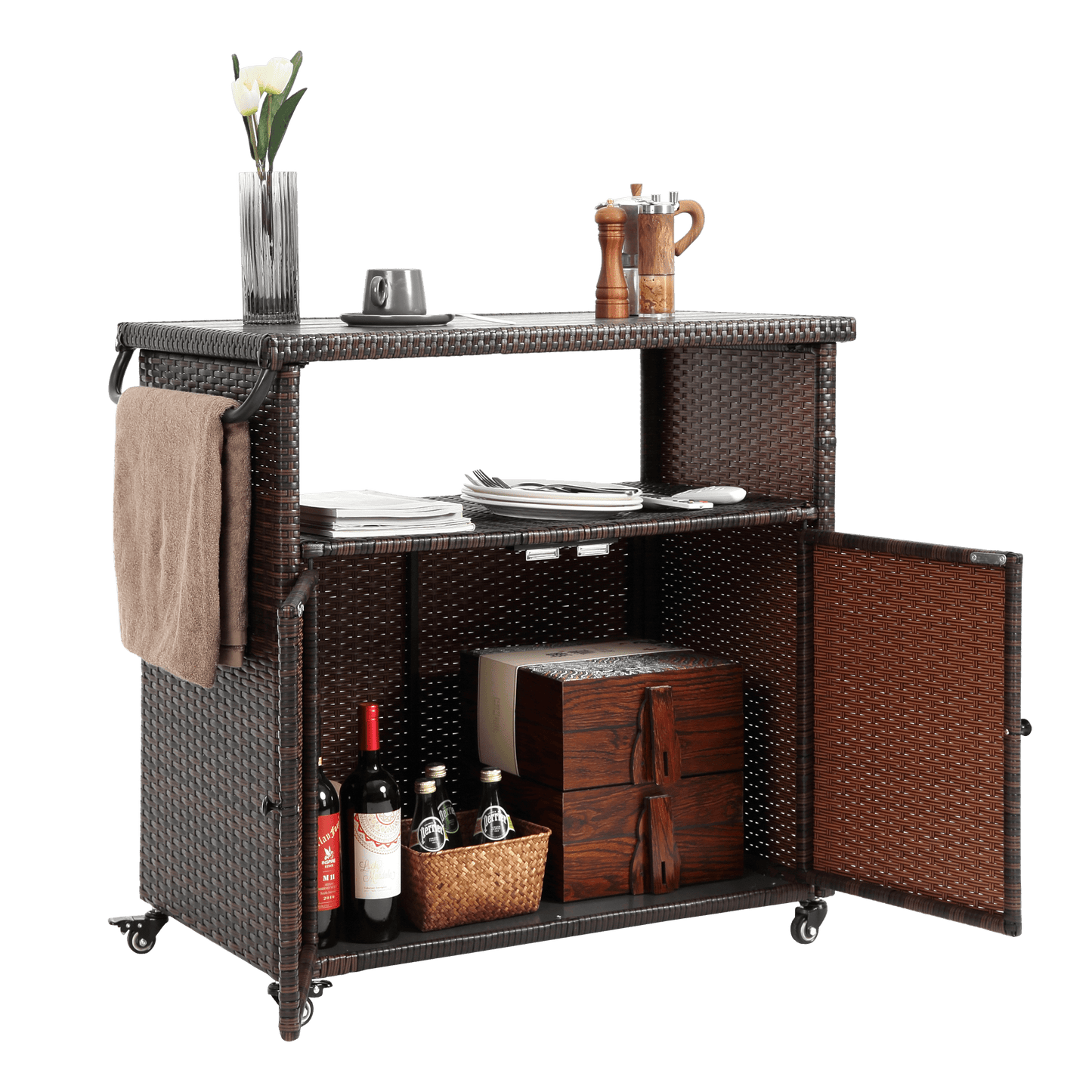 Outdoor Wicker Bar Cart, Patio Wine Serving Cart w/Wheels , Rolling Rattan Beverage Bar Counter Table plastic wood Top for Porch Backyard Garden Poolside Party, Light brown - 1st Choice Furniture Direct