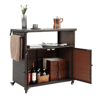 Outdoor Wicker Bar Cart, Patio Wine Serving Cart w/Wheels , Rolling Rattan Beverage Bar Counter Table plastic wood Top for Porch Backyard Garden Poolside Party, Light brown - 1st Choice Furniture Direct