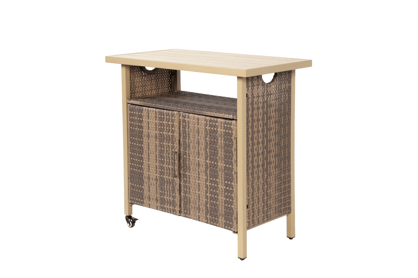 Outdoor Wicker Bar Cart, Patio Wine Serving Cart w/Wheels , Rolling Rattan Beverage Bar Counter Table w/Glass Top for Porch Backyard Garden Poolside Party, Beige - 1st Choice Furniture Direct