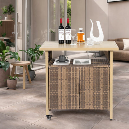Outdoor Wicker Bar Cart, Patio Wine Serving Cart w/Wheels , Rolling Rattan Beverage Bar Counter Table w/Glass Top for Porch Backyard Garden Poolside Party, Beige - 1st Choice Furniture Direct