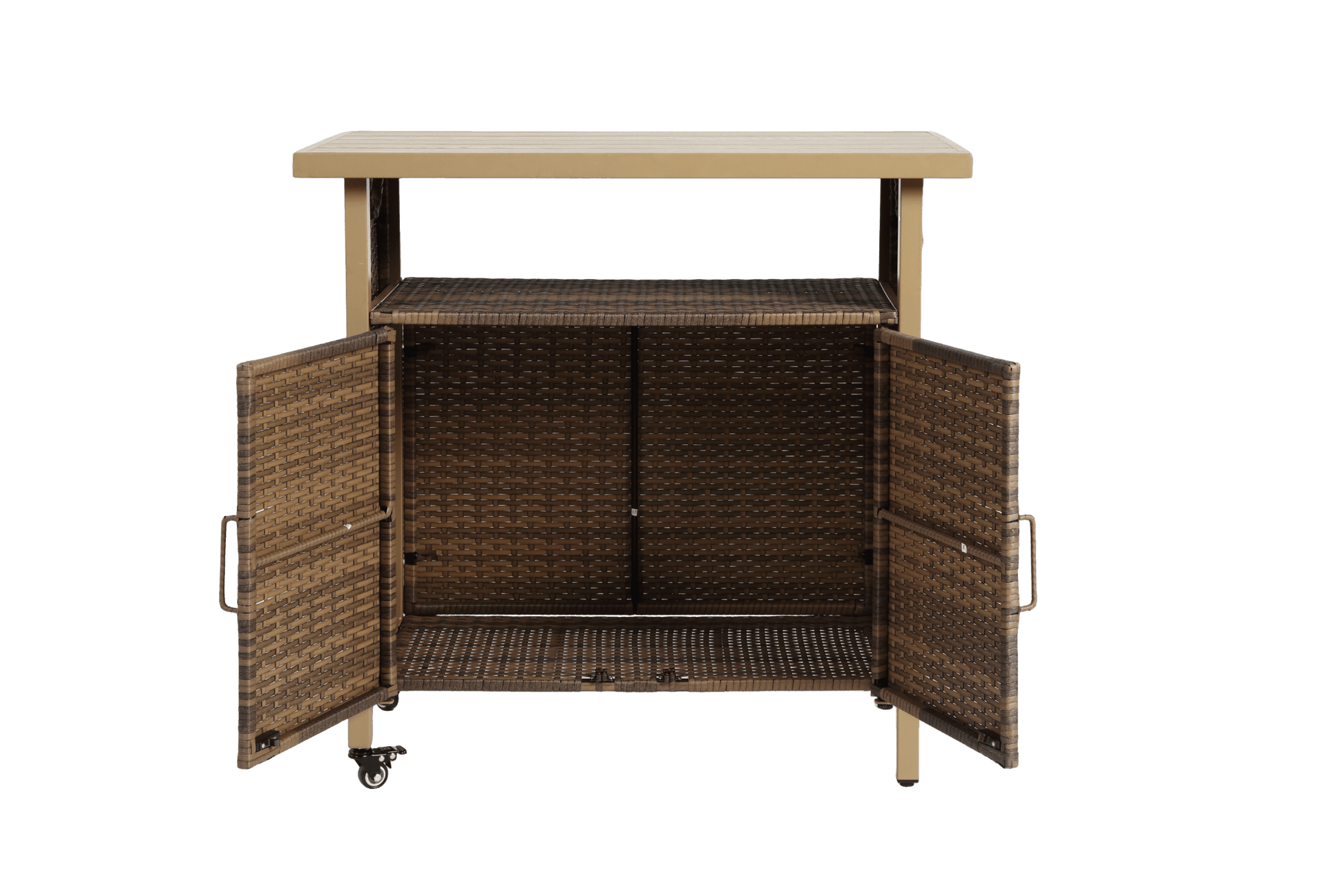 Outdoor Wicker Bar Cart, Patio Wine Serving Cart w/Wheels , Rolling Rattan Beverage Bar Counter Table w/Glass Top for Porch Backyard Garden Poolside Party, Beige - 1st Choice Furniture Direct