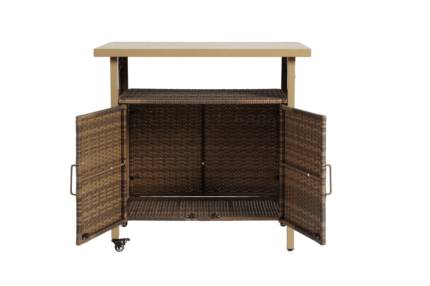 Outdoor Wicker Bar Cart, Patio Wine Serving Cart w/Wheels , Rolling Rattan Beverage Bar Counter Table w/Glass Top for Porch Backyard Garden Poolside Party, Beige - 1st Choice Furniture Direct