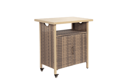 Outdoor Wicker Bar Cart, Patio Wine Serving Cart w/Wheels , Rolling Rattan Beverage Bar Counter Table w/Glass Top for Porch Backyard Garden Poolside Party, Beige - 1st Choice Furniture Direct
