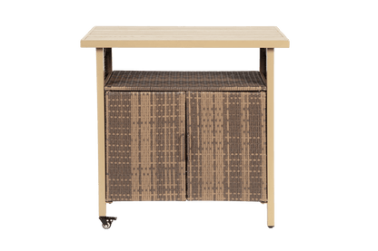 Outdoor Wicker Bar Cart, Patio Wine Serving Cart w/Wheels , Rolling Rattan Beverage Bar Counter Table w/Glass Top for Porch Backyard Garden Poolside Party, Beige - 1st Choice Furniture Direct