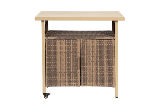 Outdoor Wicker Bar Cart, Patio Wine Serving Cart w/Wheels , Rolling Rattan Beverage Bar Counter Table w/Glass Top for Porch Backyard Garden Poolside Party, Beige - 1st Choice Furniture Direct
