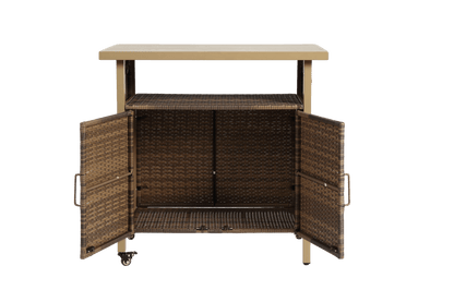 Outdoor Wicker Bar Cart, Patio Wine Serving Cart w/Wheels , Rolling Rattan Beverage Bar Counter Table w/Glass Top for Porch Backyard Garden Poolside Party, Beige - 1st Choice Furniture Direct