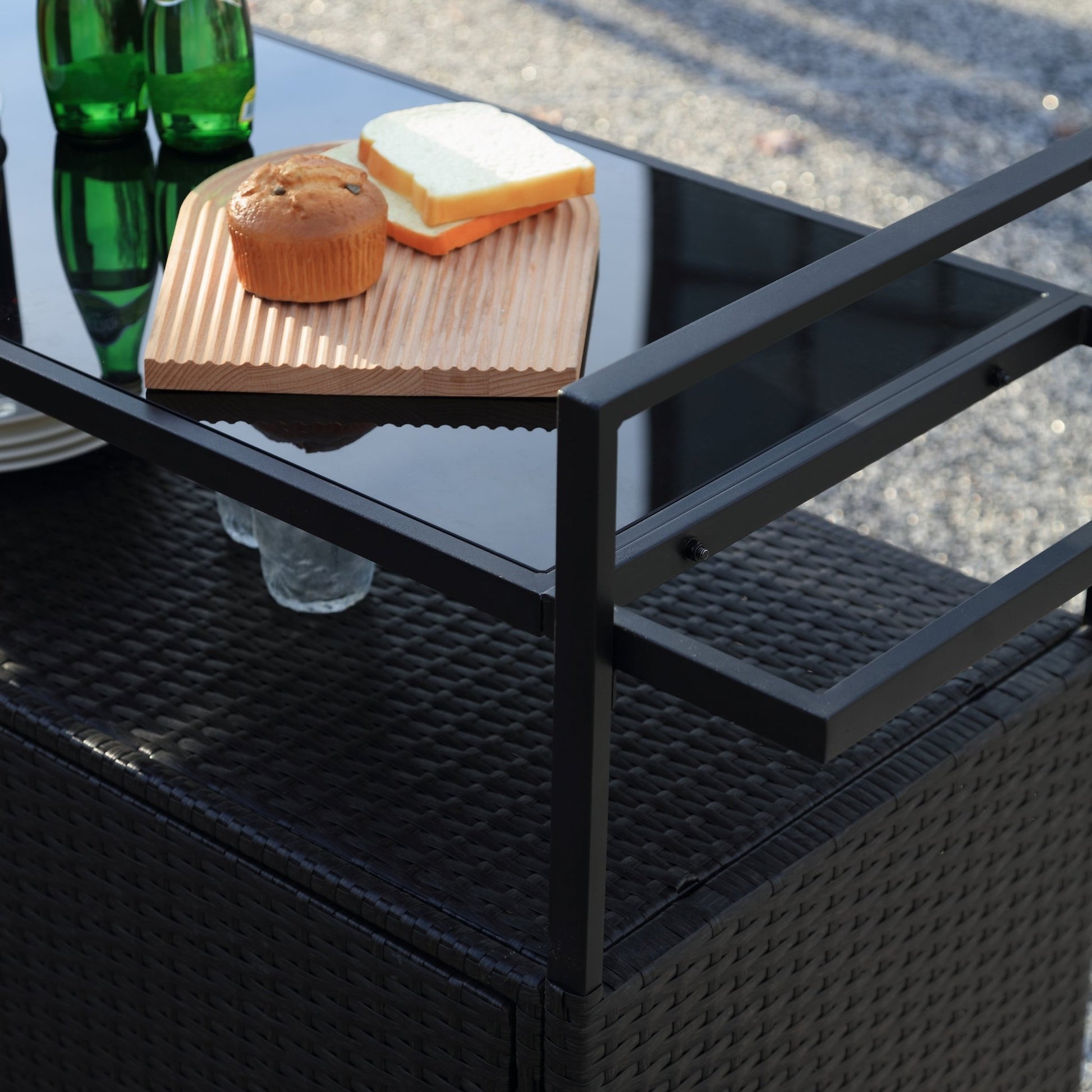Outdoor Wicker Bar Cart, Patio Wine Serving Cart w/Wheels, Rolling Rattan Beverage Bar Counter Table w/Glass Top for Porch Backyard Garden Poolside Party, Black - 1st Choice Furniture Direct