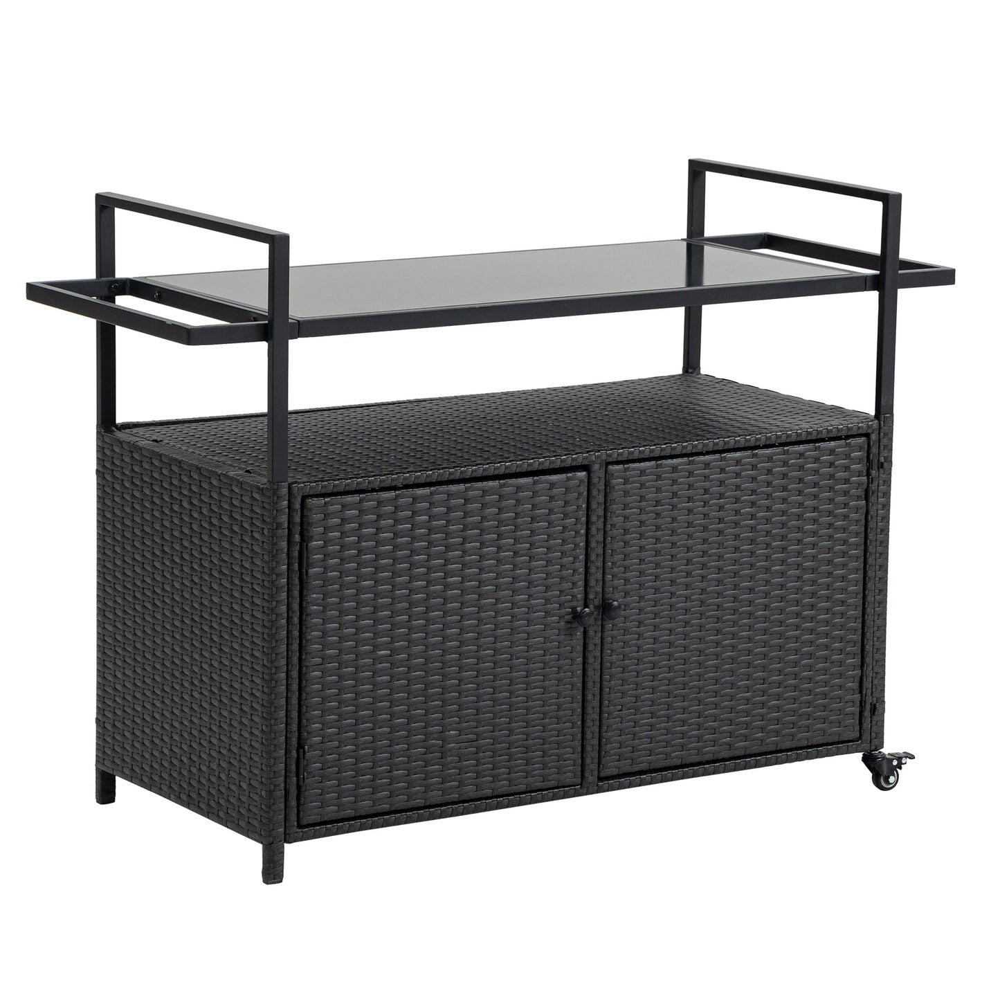 Outdoor Wicker Bar Cart, Patio Wine Serving Cart w/Wheels, Rolling Rattan Beverage Bar Counter Table w/Glass Top for Porch Backyard Garden Poolside Party, Black - 1st Choice Furniture Direct