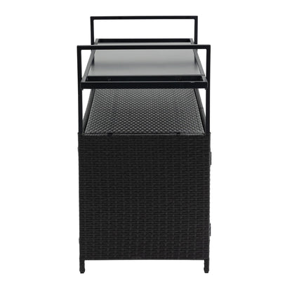 Outdoor Wicker Bar Cart, Patio Wine Serving Cart w/Wheels, Rolling Rattan Beverage Bar Counter Table w/Glass Top for Porch Backyard Garden Poolside Party, Black - 1st Choice Furniture Direct
