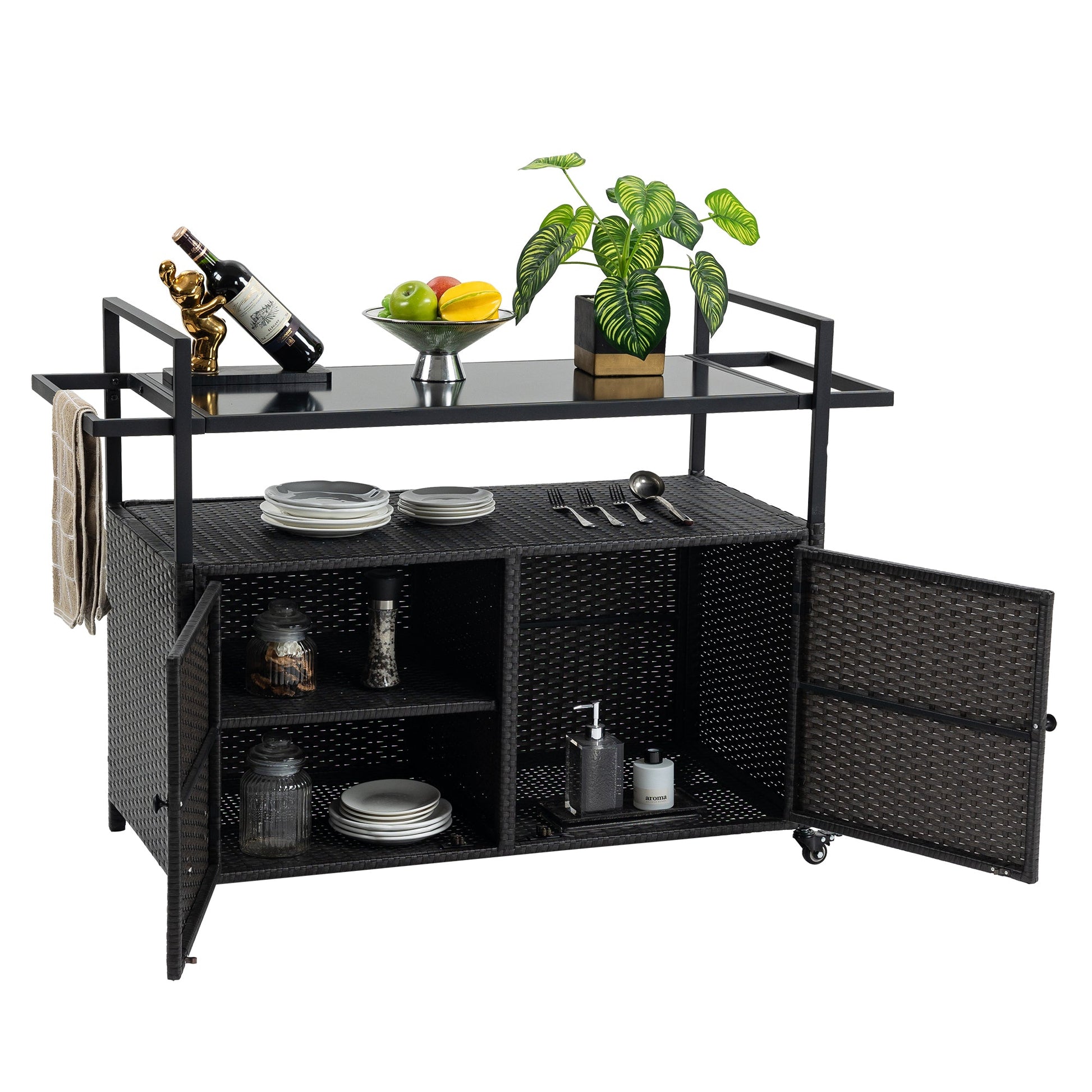 Outdoor Wicker Bar Cart, Patio Wine Serving Cart w/Wheels, Rolling Rattan Beverage Bar Counter Table w/Glass Top for Porch Backyard Garden Poolside Party, Black - 1st Choice Furniture Direct