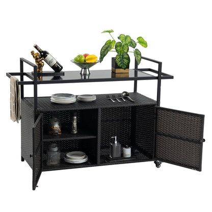 Outdoor Wicker Bar Cart, Patio Wine Serving Cart w/Wheels, Rolling Rattan Beverage Bar Counter Table w/Glass Top for Porch Backyard Garden Poolside Party, Black - 1st Choice Furniture Direct