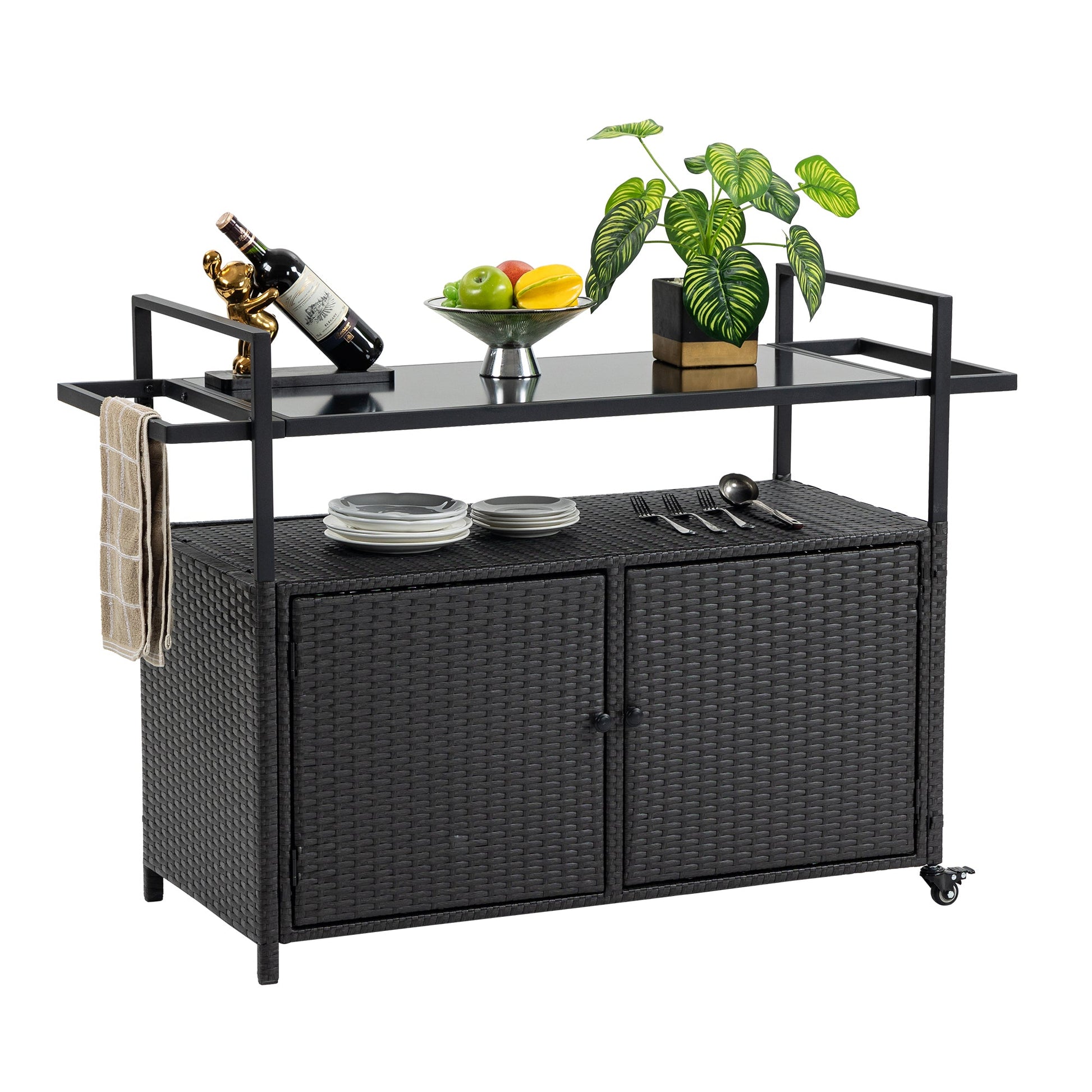 Outdoor Wicker Bar Cart, Patio Wine Serving Cart w/Wheels, Rolling Rattan Beverage Bar Counter Table w/Glass Top for Porch Backyard Garden Poolside Party, Black - 1st Choice Furniture Direct