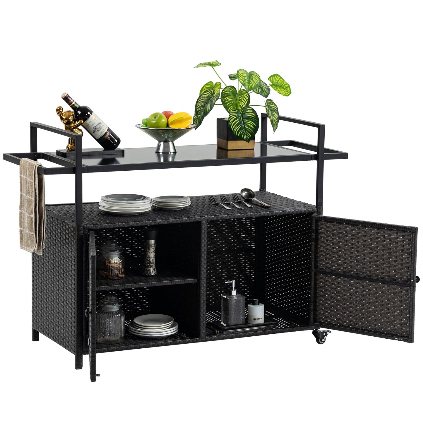 Outdoor Wicker Bar Cart, Patio Wine Serving Cart w/Wheels, Rolling Rattan Beverage Bar Counter Table w/Glass Top for Porch Backyard Garden Poolside Party, Black - 1st Choice Furniture Direct